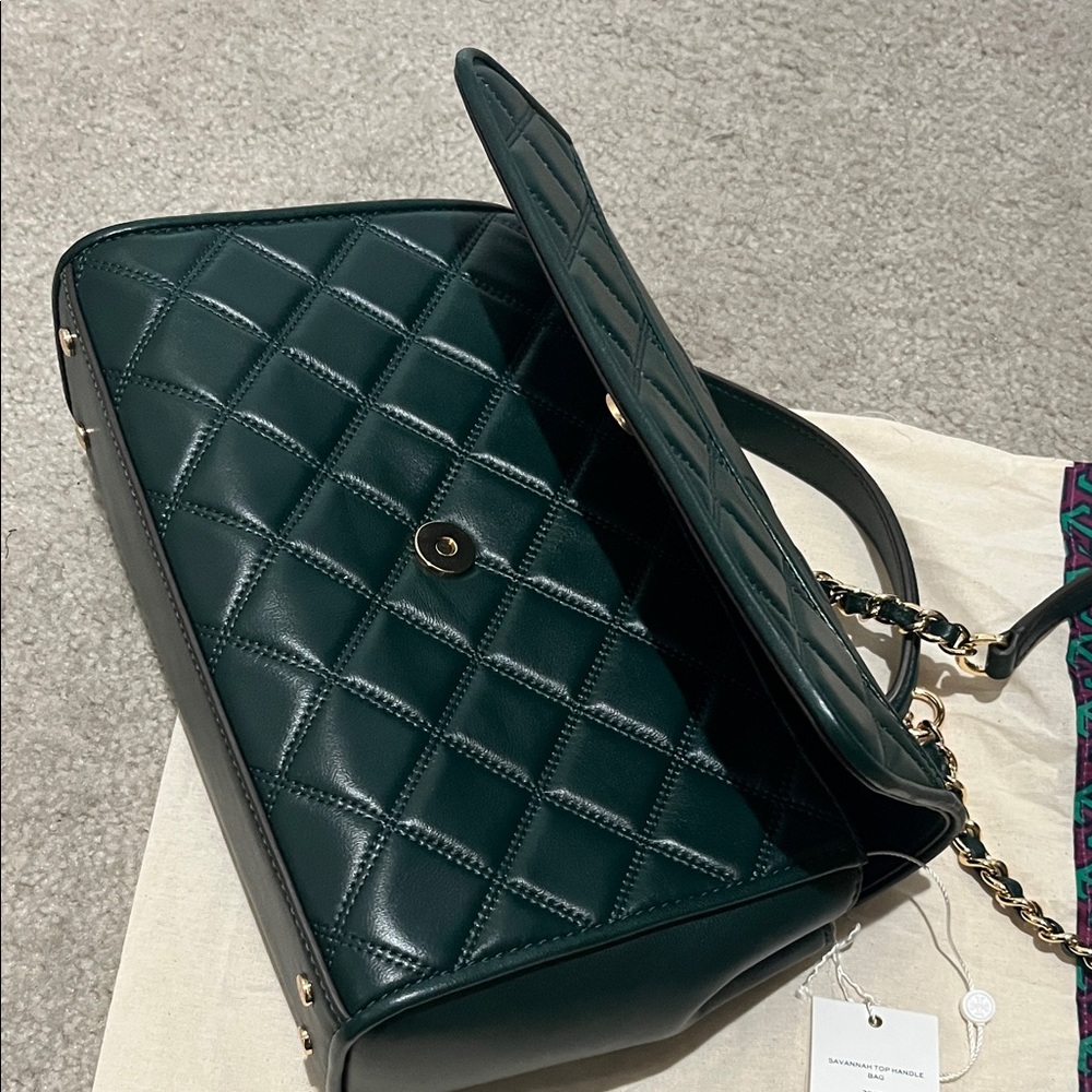Tory Burch Dark Green Quilted Shoulder Bag - Picture 7 of 11